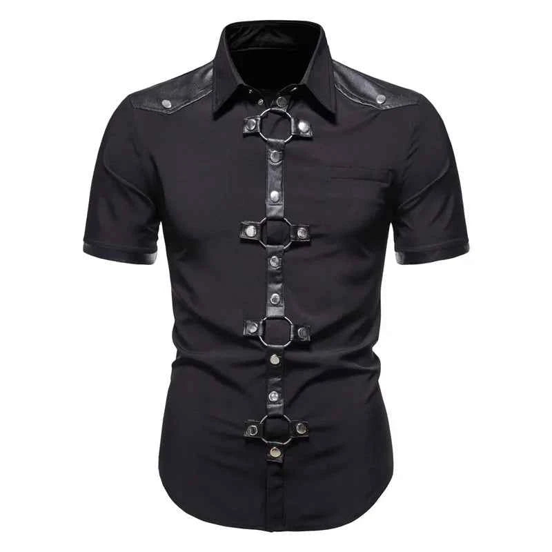 Mens Dress Shirts Short Sleeve Summer Goth Style Rivet Solid Color Social Shirt Homme Men Steampunk Slim Fit Chemise Streetwear