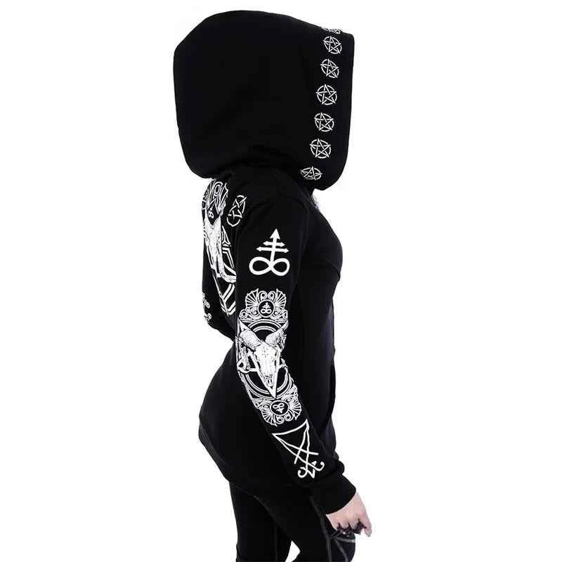 Irregular Black Punk Hoodie | Sheep Head Moon Print | MUNSIEUR