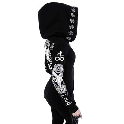 Irregular Black Punk Hoodie | Sheep Head Moon Print | MUNSIEUR