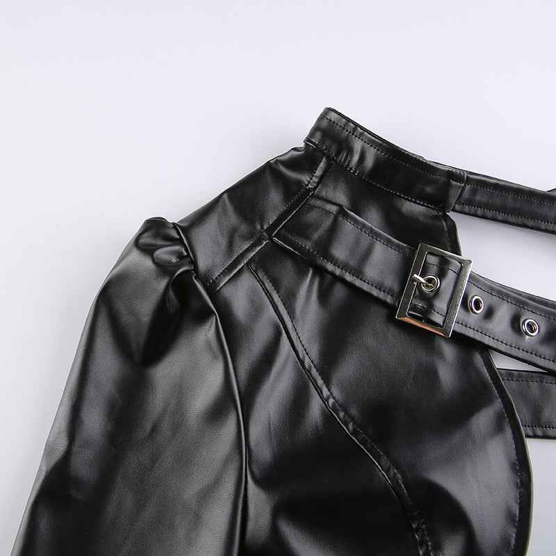Women Fashion Punk Style Crop Tops Cool Single Long Sleeve Neck Hanger Leather Belt Connected Tops Streetwear Jackets