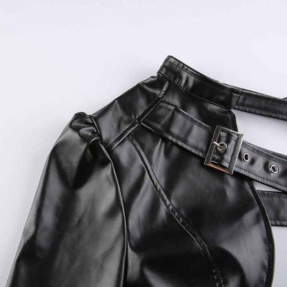 Women Fashion Punk Style Crop Tops Cool Single Long Sleeve Neck Hanger Leather Belt Connected Tops Streetwear Jackets