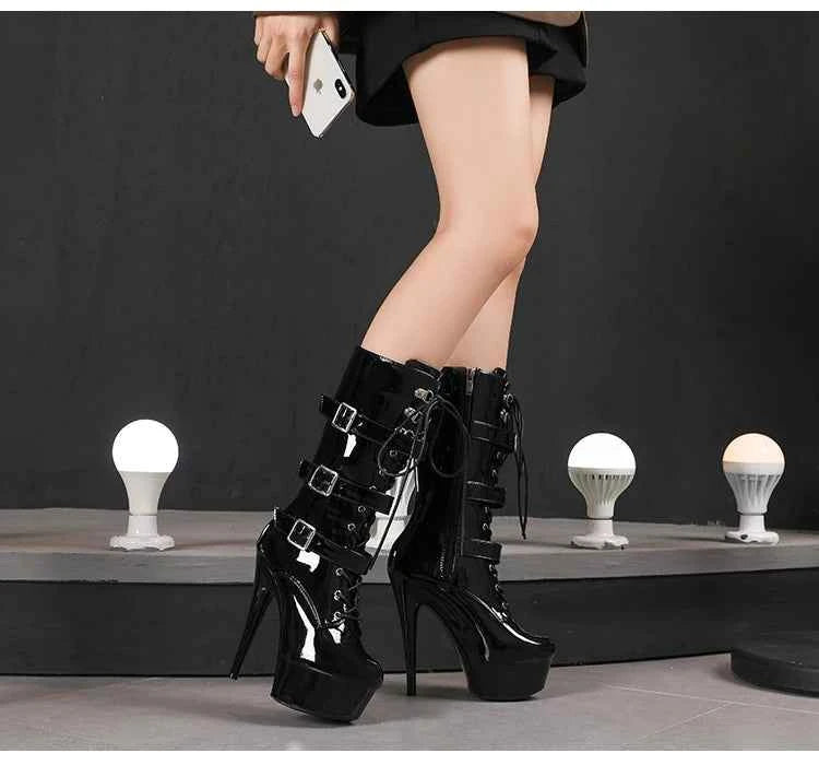 20cm/8Inchs Thin Heels Ankle Boots Platforms Women Shoes Belt Buckle Punk Woman Crossdresser Boots Nightclub Pole Dance Shoes