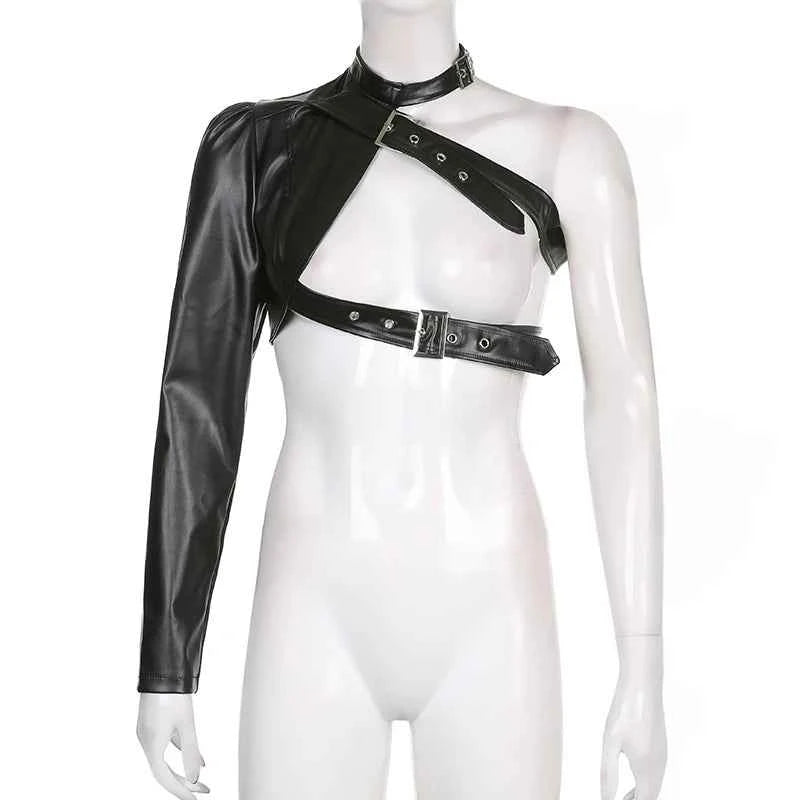Women Fashion Punk Style Crop Tops Cool Single Long Sleeve Neck Hanger Leather Belt Connected Tops Streetwear Jackets