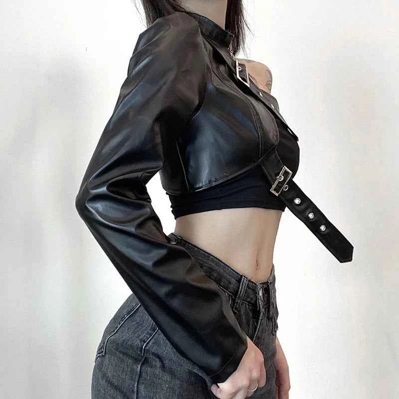Women Fashion Punk Style Crop Tops Cool Single Long Sleeve Neck Hanger Leather Belt Connected Tops Streetwear Jackets