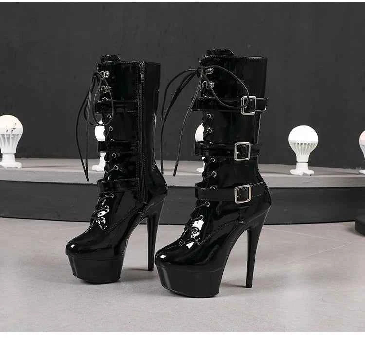 20cm/8Inchs Thin Heels Ankle Boots Platforms Women Shoes Belt Buckle Punk Woman Crossdresser Boots Nightclub Pole Dance Shoes