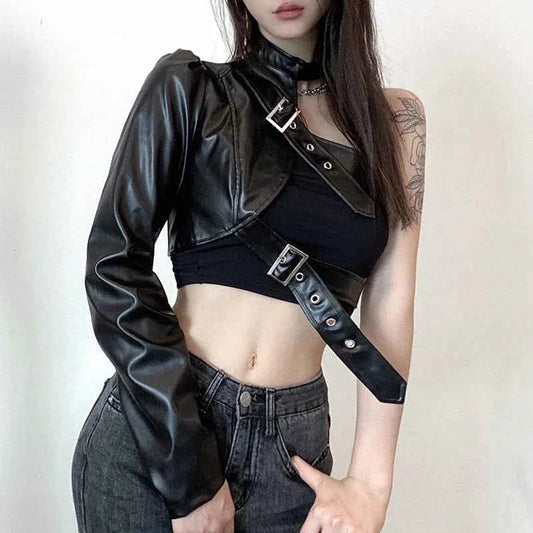 Women Fashion Punk Style Crop Tops Cool Single Long Sleeve Neck Hanger Leather Belt Connected Tops Streetwear Jackets