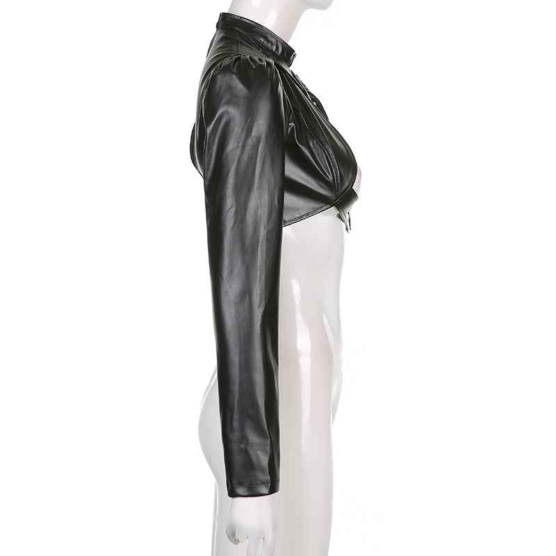 Women Fashion Punk Style Crop Tops Cool Single Long Sleeve Neck Hanger Leather Belt Connected Tops Streetwear Jackets