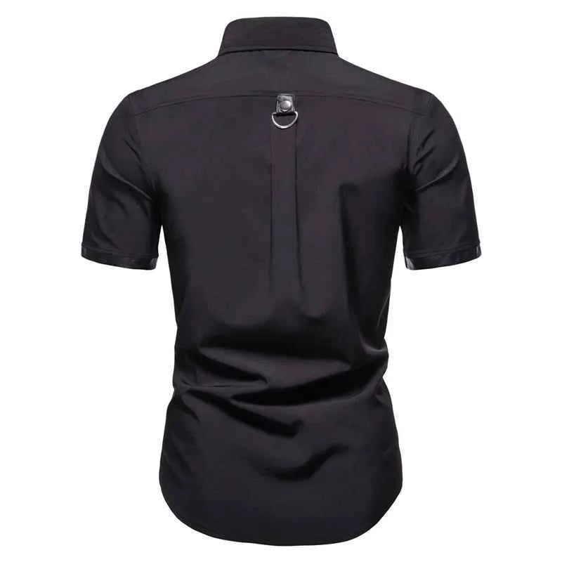 Mens Dress Shirts Short Sleeve Summer Goth Style Rivet Solid Color Social Shirt Homme Men Steampunk Slim Fit Chemise Streetwear