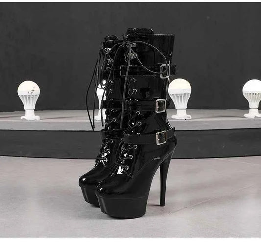 20cm/8Inchs Thin Heels Ankle Boots Platforms Women Shoes Belt Buckle Punk Woman Crossdresser Boots Nightclub Pole Dance Shoes