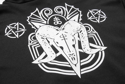 Irregular Black Punk Hoodie | Sheep Head Moon Print | MUNSIEUR