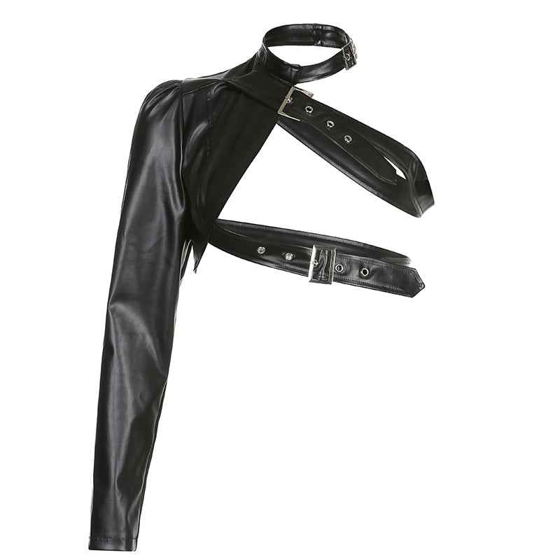 Women Fashion Punk Style Crop Tops Cool Single Long Sleeve Neck Hanger Leather Belt Connected Tops Streetwear Jackets