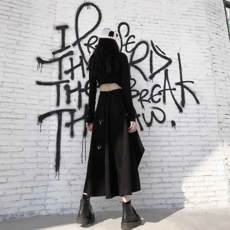Plus Size Harajuku Punk Style Skirts Women High Waist Buckle Irregular Gothic Skirt Black Hip Hop Streetwear Freely Adjustable