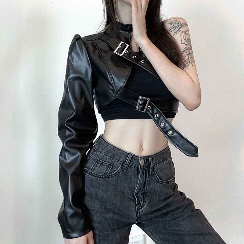 Women Fashion Punk Style Crop Tops Cool Single Long Sleeve Neck Hanger Leather Belt Connected Tops Streetwear Jackets