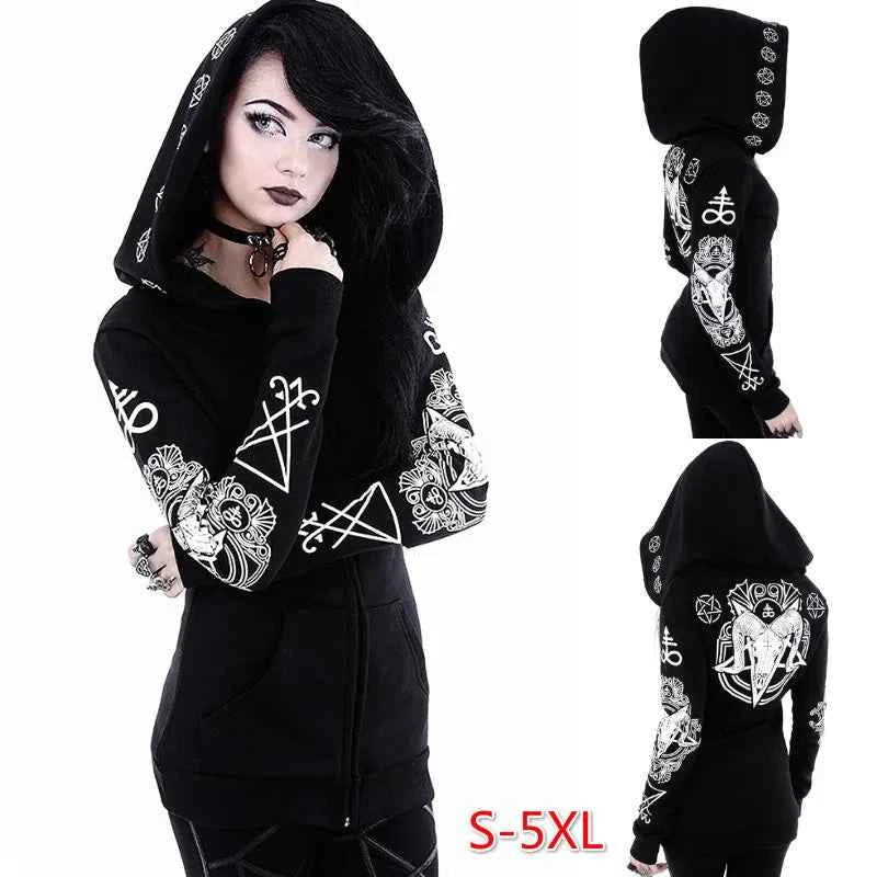 Irregular Black Punk Hoodie | Sheep Head Moon Print | MUNSIEUR
