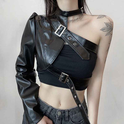 Women Fashion Punk Style Crop Tops Cool Single Long Sleeve Neck Hanger Leather Belt Connected Tops Streetwear Jackets