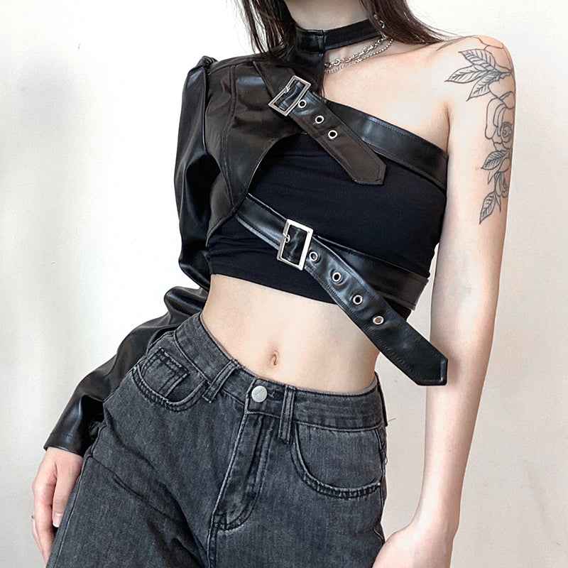 Women Fashion Punk Style Crop Tops Cool Single Long Sleeve Neck Hanger Leather Belt Connected Tops Streetwear Jackets