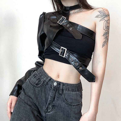 Women Fashion Punk Style Crop Tops Cool Single Long Sleeve Neck Hanger Leather Belt Connected Tops Streetwear Jackets