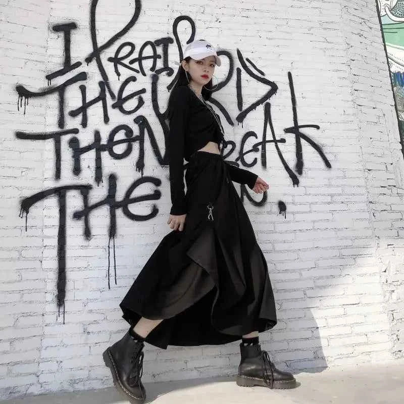 Plus Size Harajuku Punk Style Skirts Women High Waist Buckle Irregular Gothic Skirt Black Hip Hop Streetwear Freely Adjustable