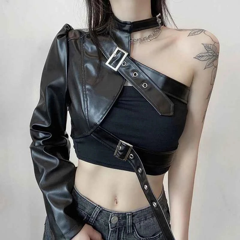 Women Fashion Punk Style Crop Tops Cool Single Long Sleeve Neck Hanger Leather Belt Connected Tops Streetwear Jackets
