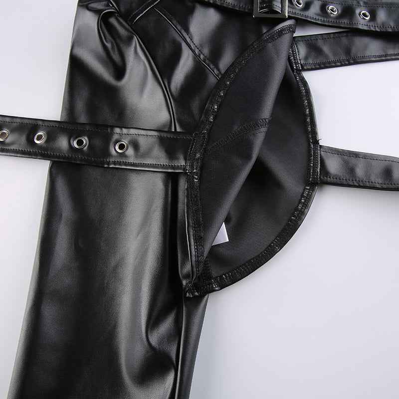 Women Fashion Punk Style Crop Tops Cool Single Long Sleeve Neck Hanger Leather Belt Connected Tops Streetwear Jackets