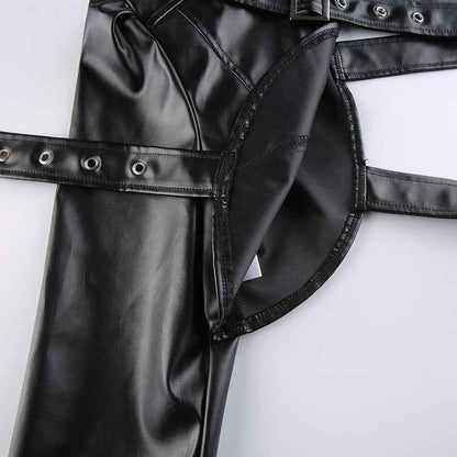 Women Fashion Punk Style Crop Tops Cool Single Long Sleeve Neck Hanger Leather Belt Connected Tops Streetwear Jackets
