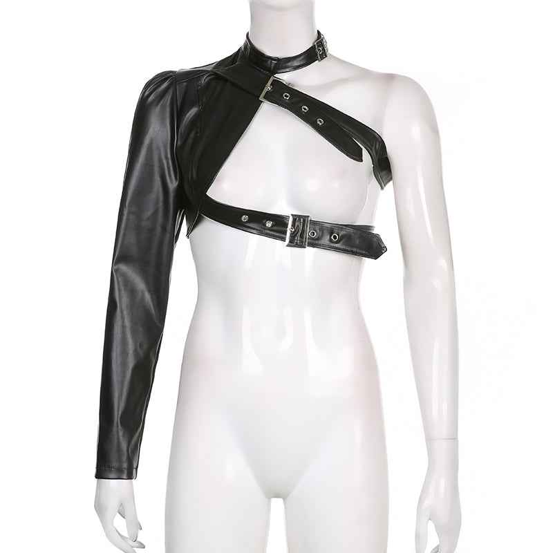 Women Fashion Punk Style Crop Tops Cool Single Long Sleeve Neck Hanger Leather Belt Connected Tops Streetwear Jackets