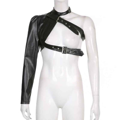 Women Fashion Punk Style Crop Tops Cool Single Long Sleeve Neck Hanger Leather Belt Connected Tops Streetwear Jackets