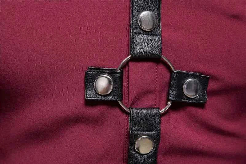 Mens Dress Shirts Short Sleeve Summer Goth Style Rivet Solid Color Social Shirt Homme Men Steampunk Slim Fit Chemise Streetwear