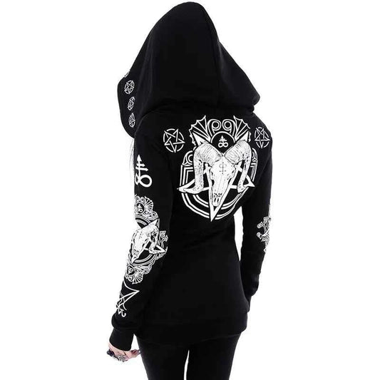 Irregular Black Punk Hoodie | Sheep Head Moon Print | MUNSIEUR