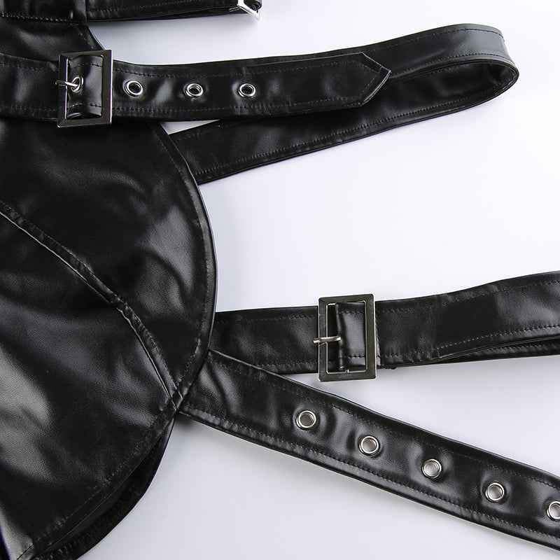 Women Fashion Punk Style Crop Tops Cool Single Long Sleeve Neck Hanger Leather Belt Connected Tops Streetwear Jackets