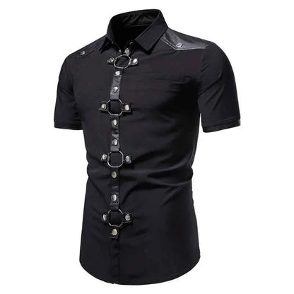 Mens Dress Shirts Short Sleeve Summer Goth Style Rivet Solid Color Social Shirt Homme Men Steampunk Slim Fit Chemise Streetwear