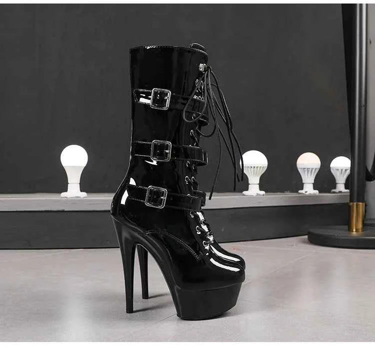 20cm/8Inchs Thin Heels Ankle Boots Platforms Women Shoes Belt Buckle Punk Woman Crossdresser Boots Nightclub Pole Dance Shoes