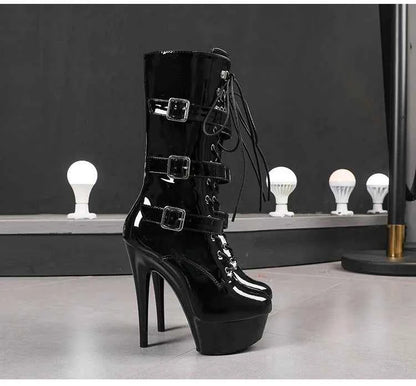 20cm/8Inchs Thin Heels Ankle Boots Platforms Women Shoes Belt Buckle Punk Woman Crossdresser Boots Nightclub Pole Dance Shoes