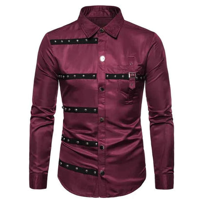 European Version New Mens Gothic Style Rivet Long Sleeve Shirt Dress Casual Hip Hop Male Personality Shirts Fit Slim Clothes