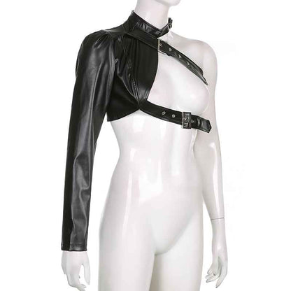 Women Fashion Punk Style Crop Tops Cool Single Long Sleeve Neck Hanger Leather Belt Connected Tops Streetwear Jackets