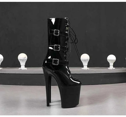 20cm/8Inchs Thin Heels Ankle Boots Platforms Women Shoes Belt Buckle Punk Woman Crossdresser Boots Nightclub Pole Dance Shoes