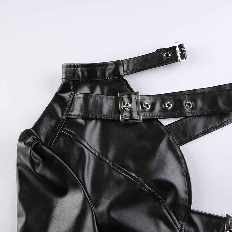Women Fashion Punk Style Crop Tops Cool Single Long Sleeve Neck Hanger Leather Belt Connected Tops Streetwear Jackets