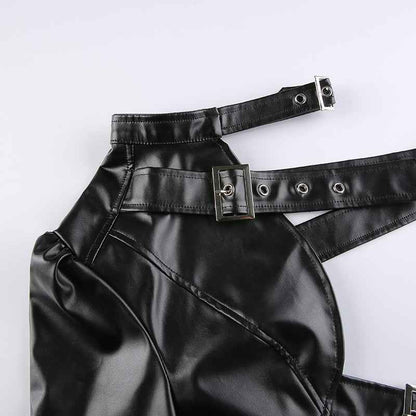 Women Fashion Punk Style Crop Tops Cool Single Long Sleeve Neck Hanger Leather Belt Connected Tops Streetwear Jackets