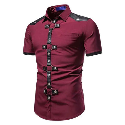 Mens Dress Shirts Short Sleeve Summer Goth Style Rivet Solid Color Social Shirt Homme Men Steampunk Slim Fit Chemise Streetwear