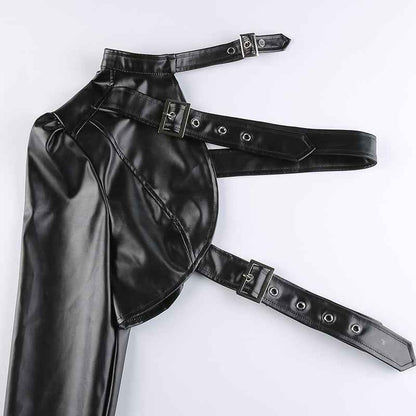Women Fashion Punk Style Crop Tops Cool Single Long Sleeve Neck Hanger Leather Belt Connected Tops Streetwear Jackets