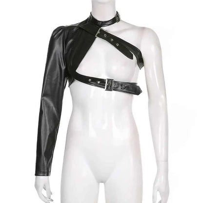 Women Fashion Punk Style Crop Tops Cool Single Long Sleeve Neck Hanger Leather Belt Connected Tops Streetwear Jackets