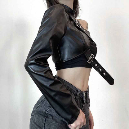 Women Fashion Punk Style Crop Tops Cool Single Long Sleeve Neck Hanger Leather Belt Connected Tops Streetwear Jackets