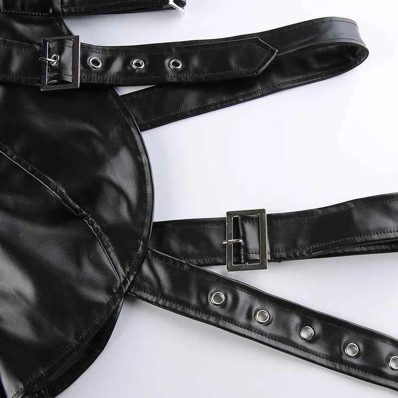 Women Fashion Punk Style Crop Tops Cool Single Long Sleeve Neck Hanger Leather Belt Connected Tops Streetwear Jackets