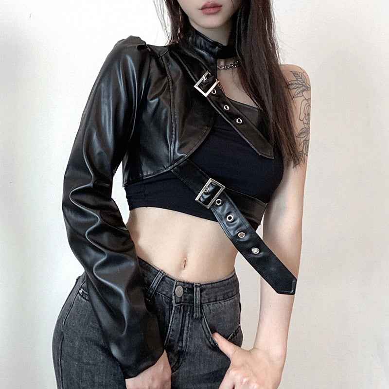 Women Fashion Punk Style Crop Tops Cool Single Long Sleeve Neck Hanger Leather Belt Connected Tops Streetwear Jackets