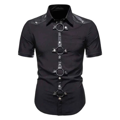 Mens Dress Shirts Short Sleeve Summer Goth Style Rivet Solid Color Social Shirt Homme Men Steampunk Slim Fit Chemise Streetwear