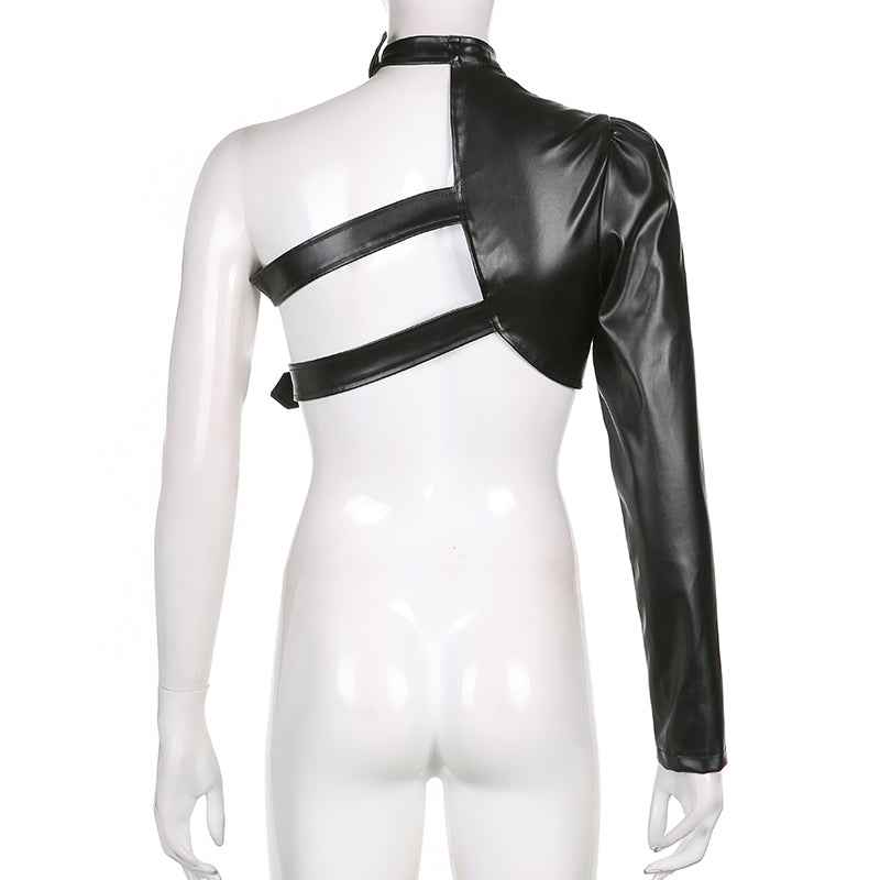 Women Fashion Punk Style Crop Tops Cool Single Long Sleeve Neck Hanger Leather Belt Connected Tops Streetwear Jackets