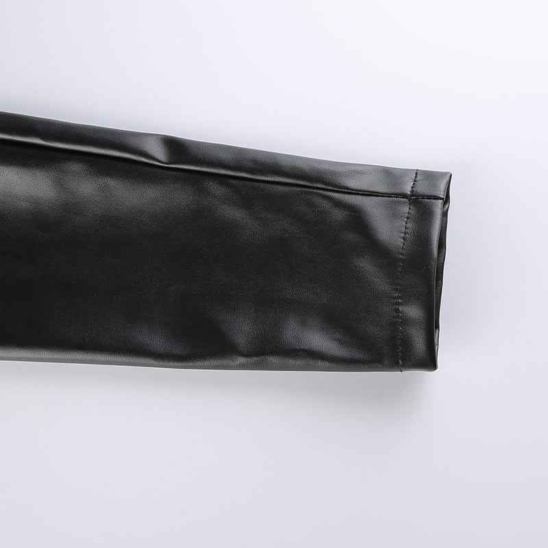 Women Fashion Punk Style Crop Tops Cool Single Long Sleeve Neck Hanger Leather Belt Connected Tops Streetwear Jackets