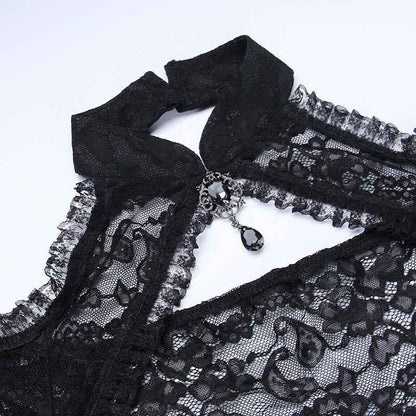 Gothic Classic Lace Cover Ups Women Mesh Crop Top See Through Sexy Flare Sleeve Blouse Y2k Black Rave Outfit Festival