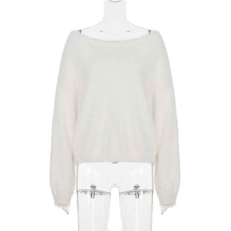Mink Fur off Shoulder Solid Color Pullover Sweater