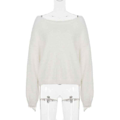 Mink Fur off Shoulder Solid Color Pullover Sweater